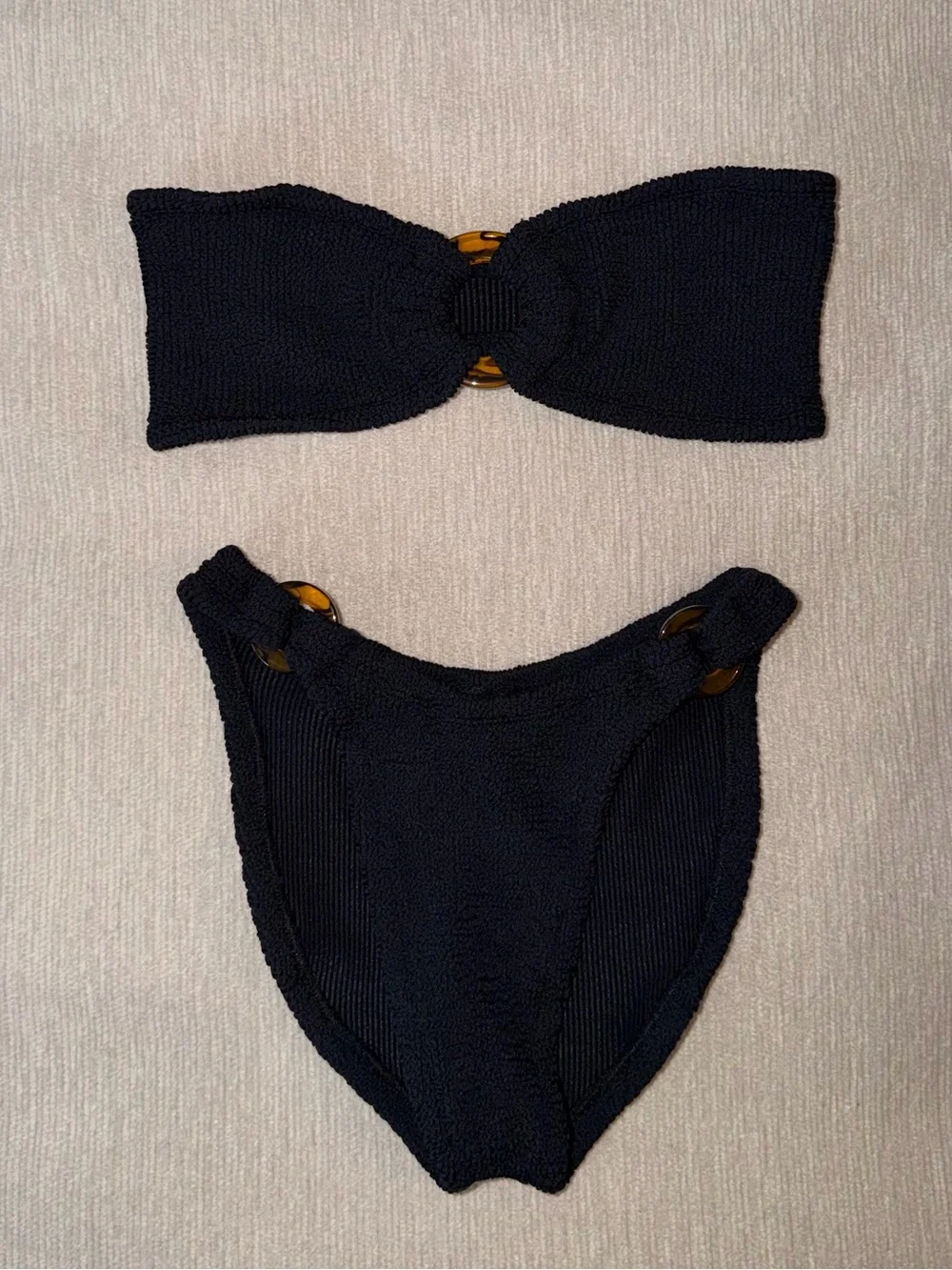 New Hunza G Gloria Bikini Set Black Strapless Bandeau Crinkle One Size Stretchy